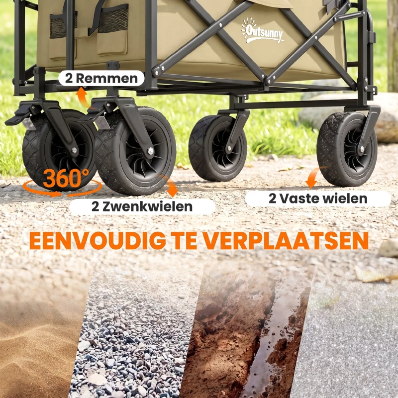 Outsunny Opvouwbare Bolderkar, 110 L, tot 100 kg, Telescopische handgreep, Stalen frame, 94 x 57 x 77-100 cm, Khaki