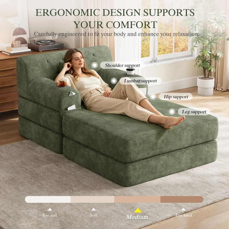 Corduroy Sleeper Chair with Ottoman and Metal Frame, Convertible 1-Seater Sofa Bed with High Backrest, 107L x 162W x 81H cm, Green