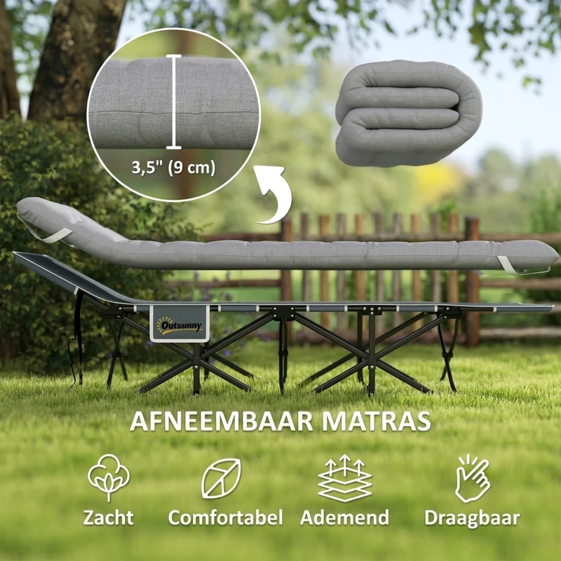 Outsunny Opklapbaar Campingbed met Matras, Hoofdkussen en Zijvak 185 x 68 x 37 cm tot 150 kg Lichtgrijs