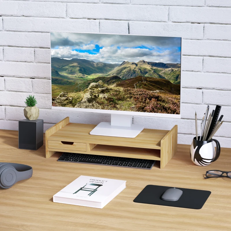 HOMCOM Suporte para Monitor de Bambu Organizador de Escritório para Monitor Portátil 48x25,5x11,5 cm Madeira