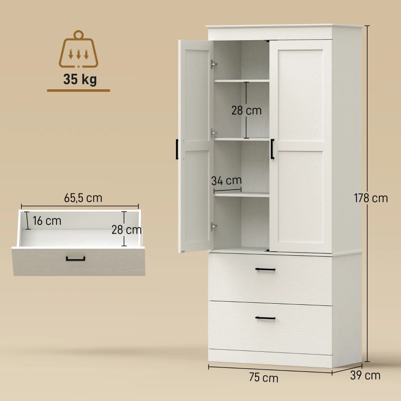HOMCOM Mueble de cocina estilo campestre, armario alto de almacenamiento con estantes ajustables y 2 cajones, blanco crema