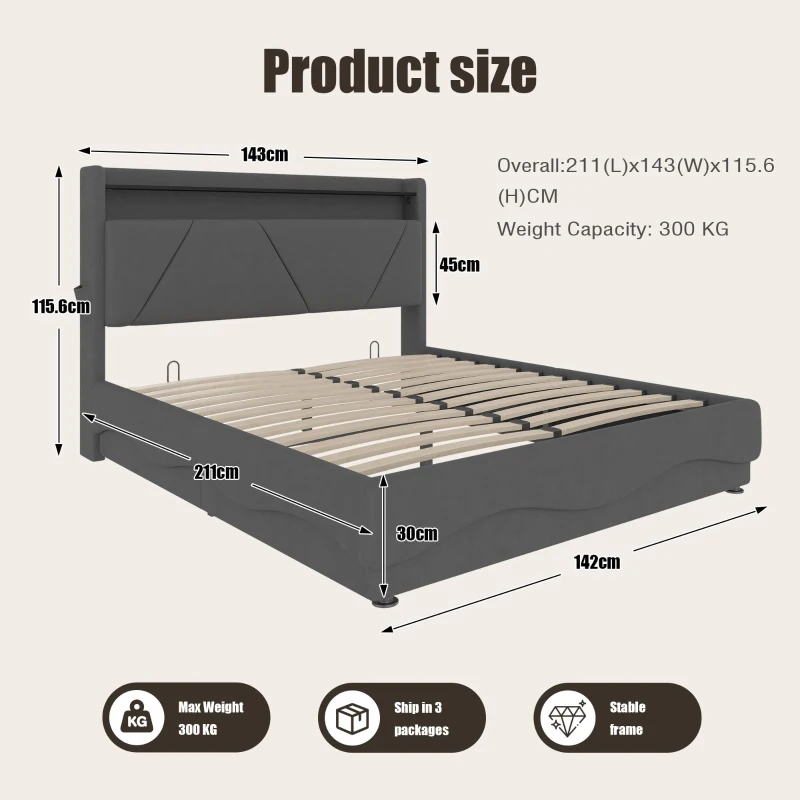 Functional Bed with Additional Under-Bed Storage, Modern Bed Frame with Wavy LED Side Lighting and USB Ports, 143L x 211W x 115.5H cm, Dark Gray