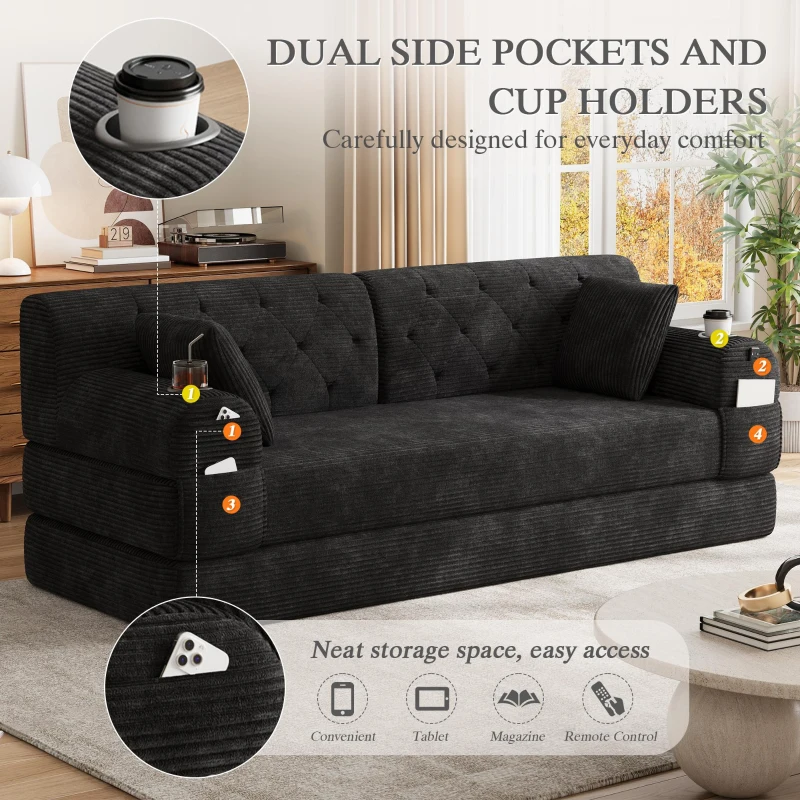 Cozy Sleeper Sofa with High-Density Foam and Soft Corduroy, Convertible Couch for Living Rooms and Small Spaces, 208L x 80W x 81H cm, Black