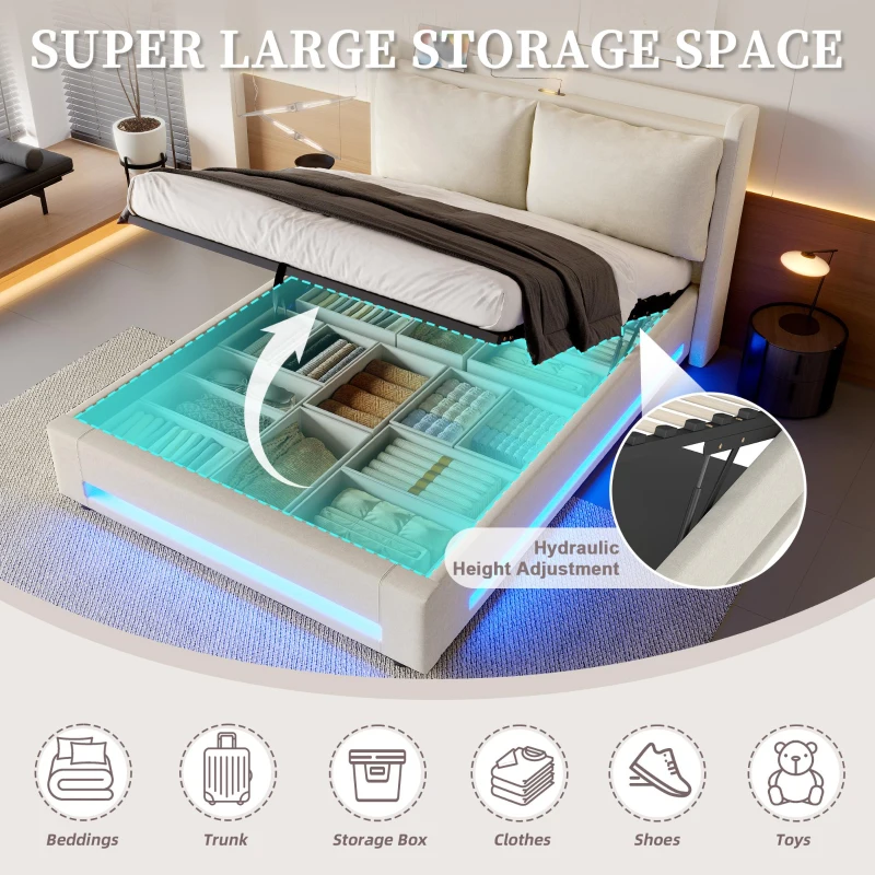 Practical Bed Frame with Built-in Shelf and Night Light, Hydraulic-Lift Platform Bed for Compact Bedrooms, 152.5L x 210W x 114H cm, Beige