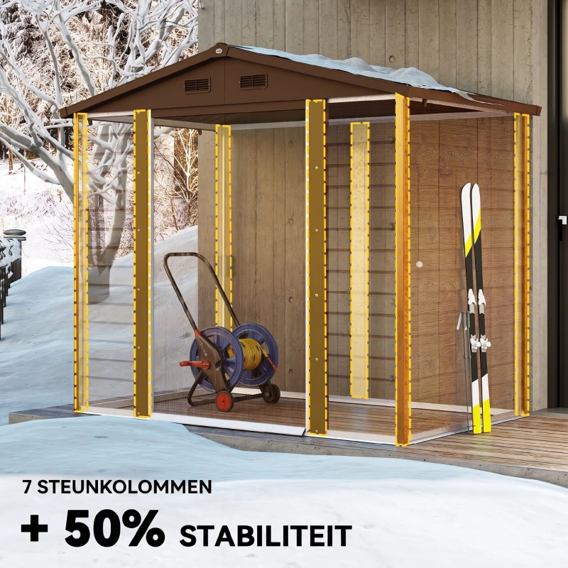 Outsunny Tuinschuur, gereedschapsschuur, tuinhuis met ramen, weerbestendig, houtlook, staal, 152 x 235,7 x 208,7 cm, Bruin