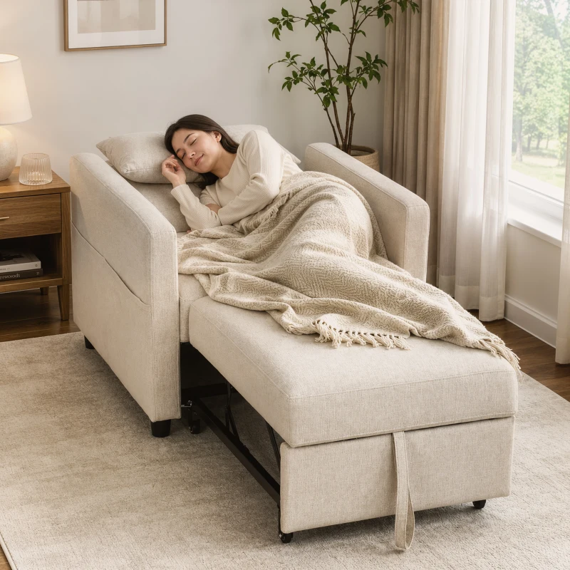 HOMCOM Sillón Cama 3 en 1 en Tejido Efecto Lino con Respaldo Regulable, Blanco Crema