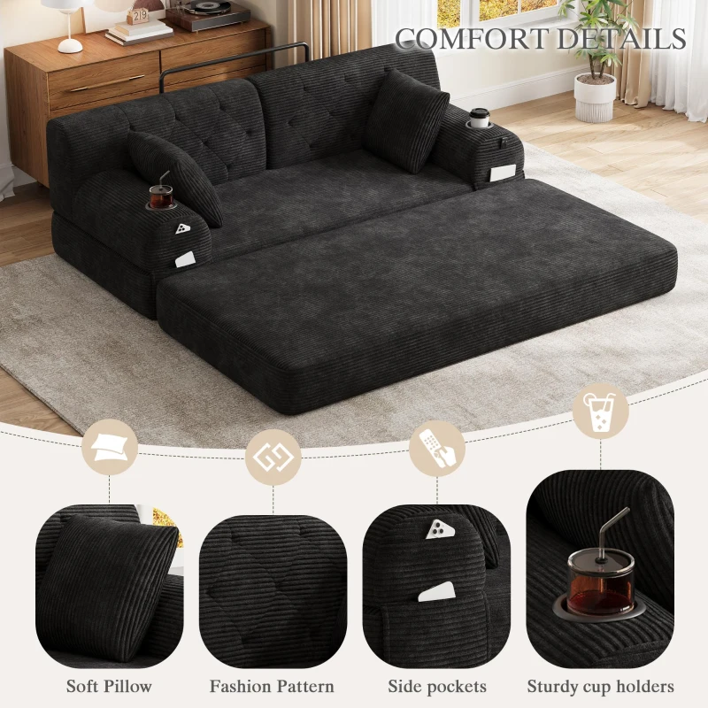 Cozy Sleeper Sofa with High-Density Foam and Soft Corduroy, Convertible Couch for Living Rooms and Small Spaces, 168L x 80W x 81H cm, Black