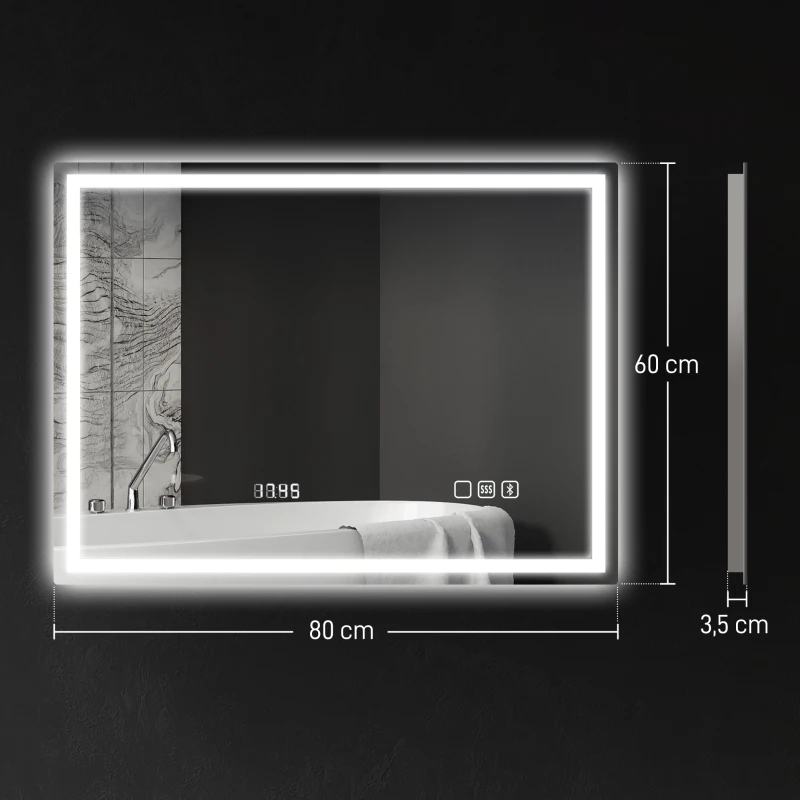 HOMCOM Miroir salle de bain LED bluetooth 60 x 80 cm interrupteur tactile lumière réglable 3 couleurs anti-buée mémoire argent