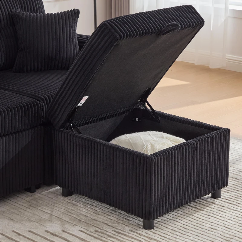 Multifunctional Corduroy Sofa Bed with Hidden Storage, LED-Lighted Guest Couch for Family Film Nights, 196L x 82W x 85H cm, Black