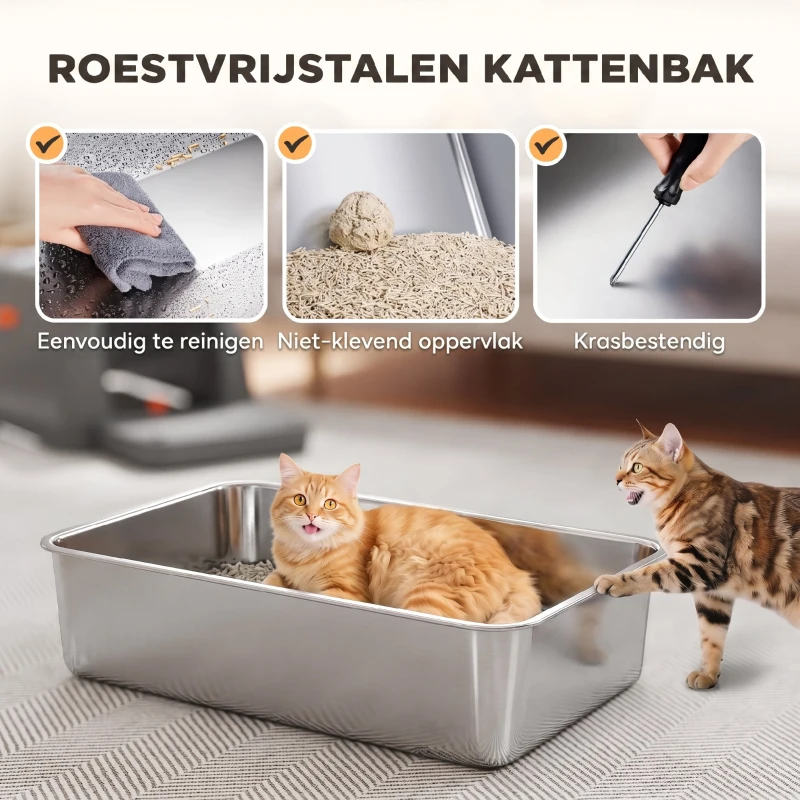 PawHut XXL Kattenbak van Roestvrij Staal 130L met 180° Klapdeksel, Hoge Wanden en Schep, 70 x 50 x 43 cm, Grijs