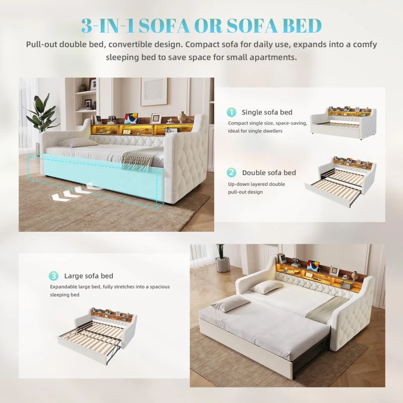 2-in-1 Beige Velvet Sofa Bed with Armrests and Storage Headboard, Space-Saving Daybed for Guest Room and Living Room, 201L x 107W x 80H cm, Beige