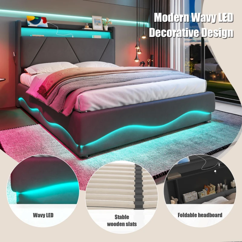 Space-Saving Upholstered Bed with Under-Bed Storage, Modern Bed Frame with Soft Velvet Fabric, 159L x 221W x 115.5H cm, Dark Gray