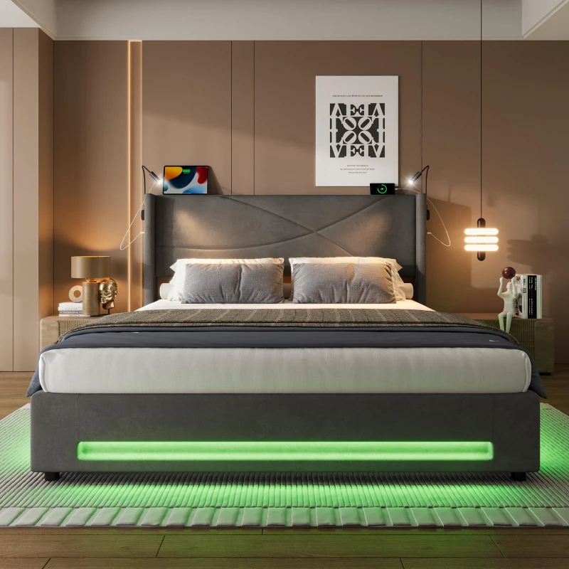 Modern Platform Bed with Hydraulic Lift System, Functional Bed Frame with Built-In Reading Lamps and USB Ports, 209L x 157W x 106H cm, Dark Gray