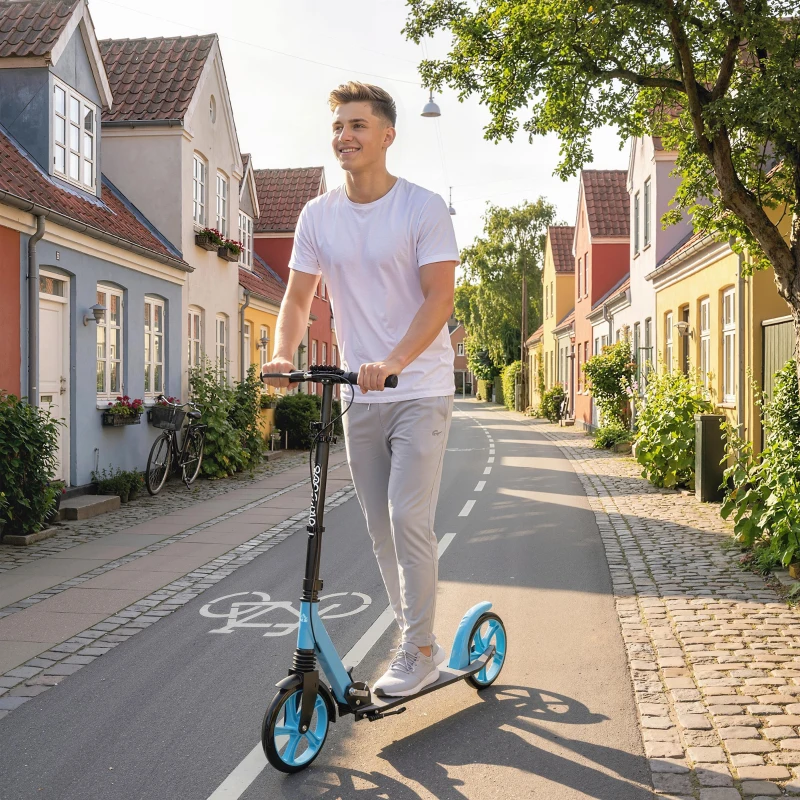 HOMCOM Trottinette Pliable pour Adultes 14+ Ans, Guidon Réglable, Grandes Roues, Amortisseur, Aluminium, 91,5x36,5x104cm, Bleu
