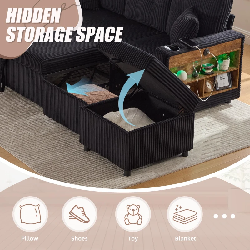 Multifunctional Corduroy Sofa Bed with Hidden Storage, LED-Lighted Guest Couch for Family Film Nights, 196L x 82W x 85H cm, Black
