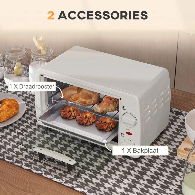 HOMCOM Mini-Oven Toaster, 1 Bakplaat, 1 Grillrooster, 10 L Capaciteit, Timerfunctie, 36,5 cm x 26 cm x 22 cm, Crèmewit(m-6)