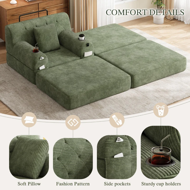 Corduroy Sleeper Chair with Ottoman and Metal Frame, Convertible 1-Seater Sofa Bed with High Backrest, 107L x 162W x 81H cm, Green