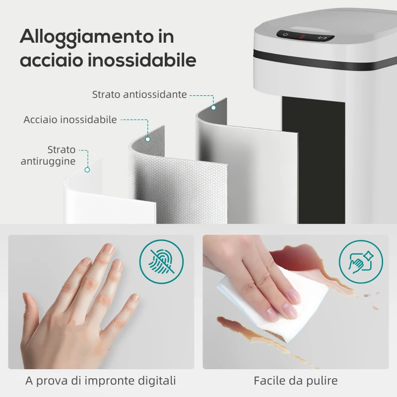 HOMCOM Cestino Rifiuti da 12L a Infrarossi con Secchio Rimovibile, in Acciaio Inox, ABS e PP, 28x22x41 cm, Bianco