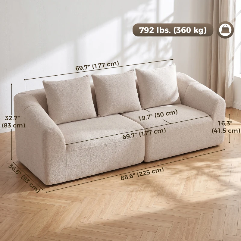 HOMCOM Sofá de 3 Plazas de Chenilla sin Armazón Acolchado Grueso con Muelles Ensacados Asiento Extra Ancho 3 Cojines Beige
