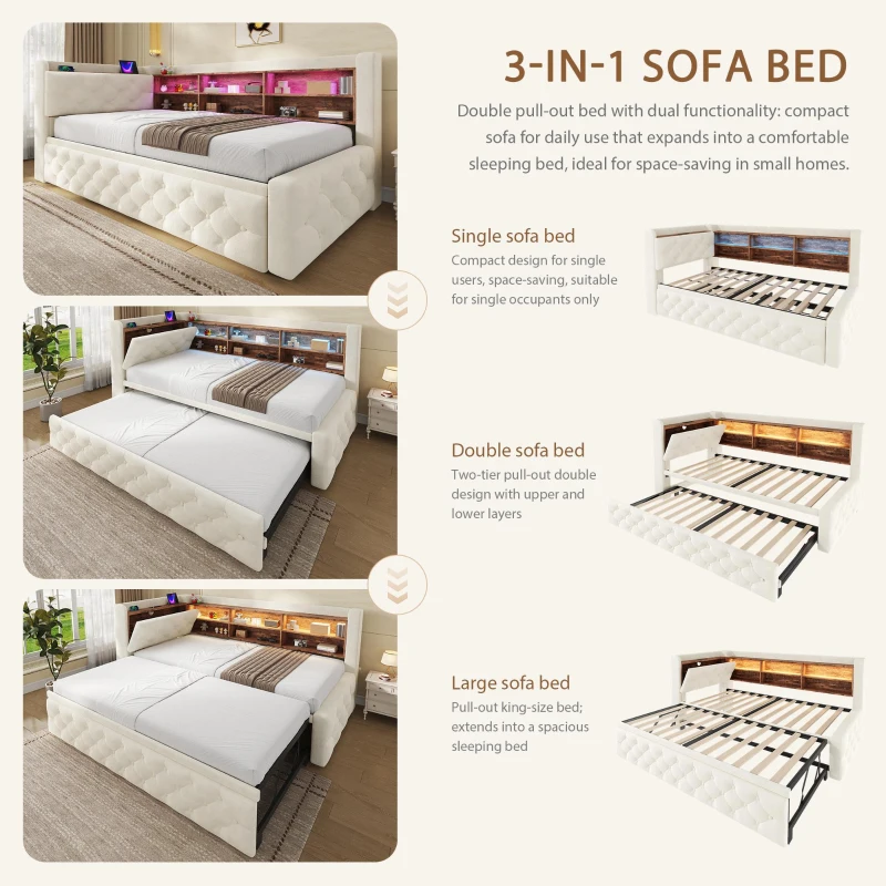 Velvet Pull-Out Sofa Bed Frame with Wooden Headboard Shelf, Convertible Daybed with Lift-Up Armrest Storage, 211L x 91W x 84H cm, Beige