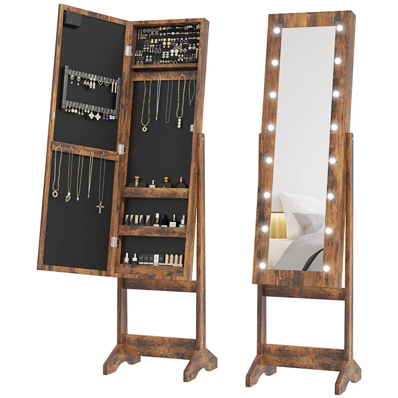 HOMCOM Armoire à bijoux armoire de rangement sur pieds boîte à bijoux avec miroir multi-rangements éclairage LED brun rustique