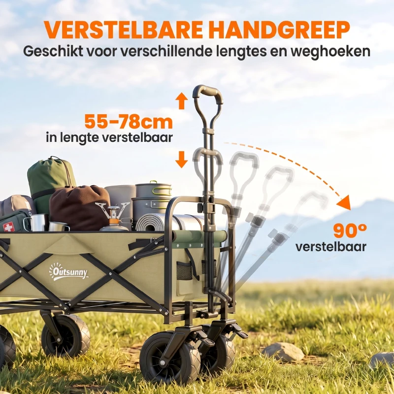Outsunny Opvouwbare Bolderkar, 110 L, tot 100 kg, Telescopische handgreep, Stalen frame, 94 x 57 x 77-100 cm, Khaki