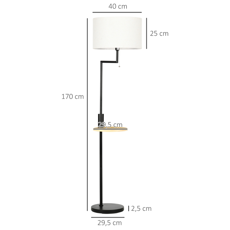 HOMCOM Lampada da Terra con Mensola Integrata in Bambù, Paralume in Tessuto Effetto Lino, Base in Acciaio, Nero e Beige