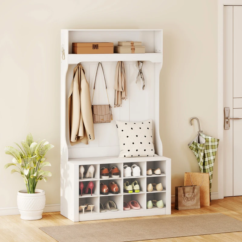 HOMCOM Porte-Manteau 4-en-1 avec Banc, Banc d'Entrée avec 12 Compartiments à Chaussures, 6 Crochets et Étagère Ouverte, Blanc