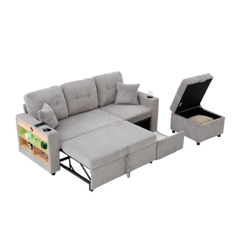 Multifunctional Corduroy Sofa Bed with Hidden Storage, LED-Lighted Guest Couch for Family Film Nights, 196L x 82W x 85H cm, Light Gray