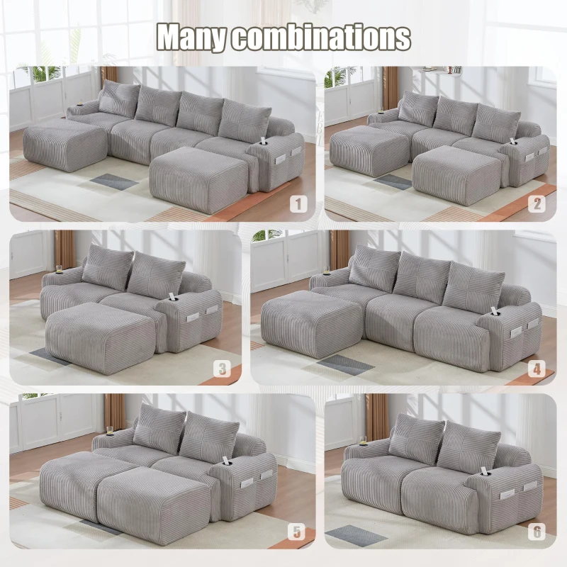 3-Seater Modular Sofa with Ottomans and Side Storage Pockets, Corduroy Sectional Sofa with Integrated Cup Holders, 268L x 174W x 80H cm, Light Gray