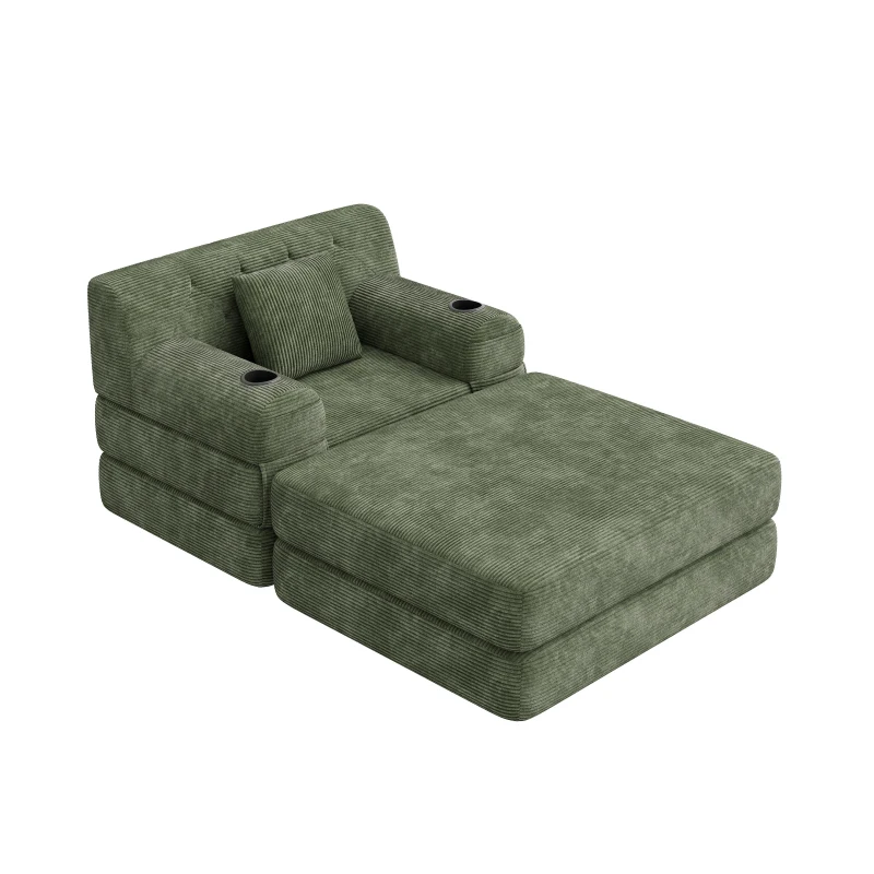 Corduroy Sleeper Chair with Ottoman and Metal Frame, Convertible 1-Seater Sofa Bed with High Backrest, 107L x 162W x 81H cm, Green