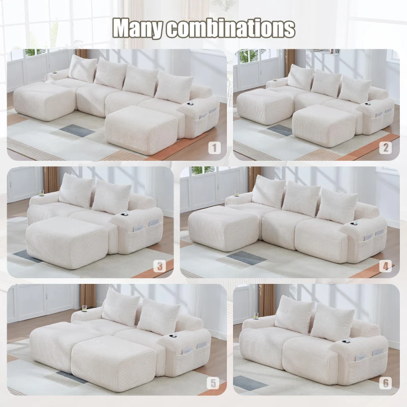 Corduroy Sectional Sofa with Built-in Cup Holders and Side Storage Pockets, 3-Seater Modular Sofa with Ottomans, 268L x 174W x 80H cm, Beige