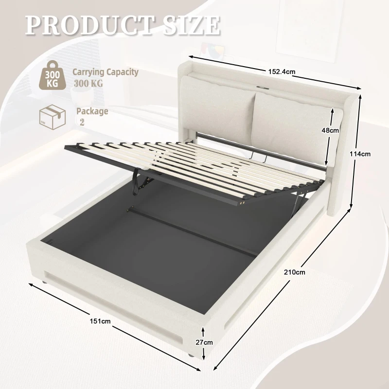 Practical Bed Frame with Built-in Shelf and Night Light, Hydraulic-Lift Platform Bed for Compact Bedrooms, 152.5L x 210W x 114H cm, Beige