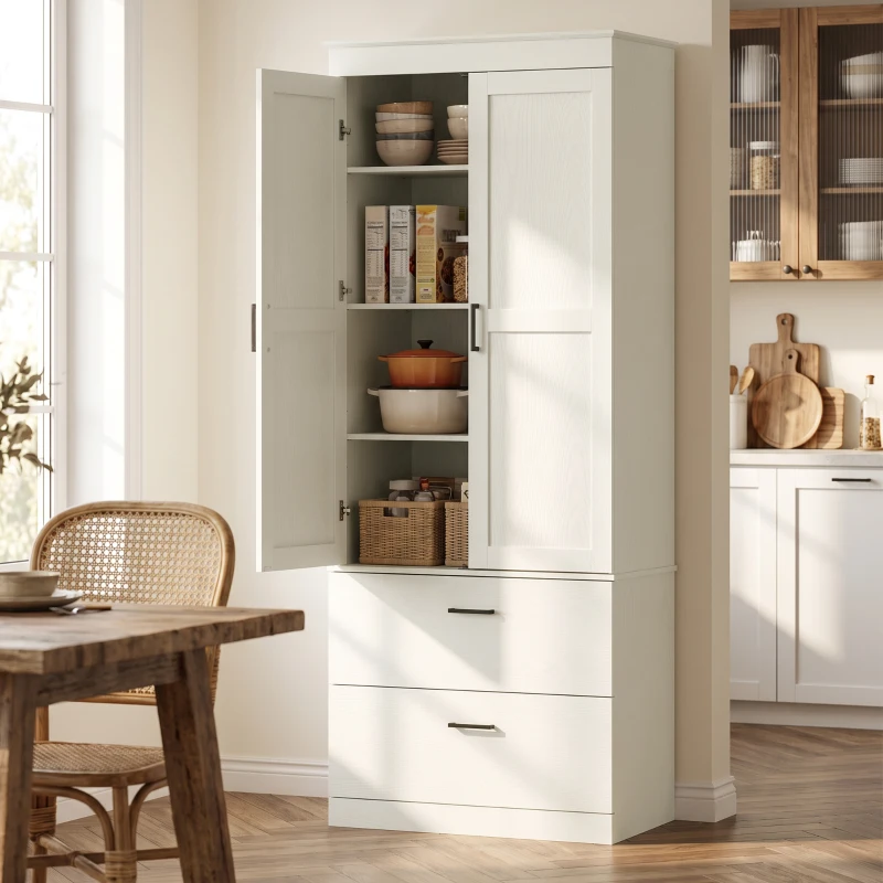 HOMCOM Mueble de cocina estilo campestre, armario alto de almacenamiento con estantes ajustables y 2 cajones, blanco crema
