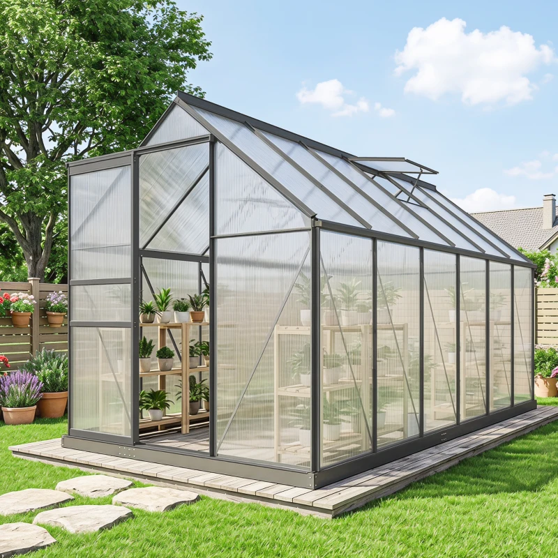 Outsunny Serra da Giardino in Policarbonato con Telaio in Lega di Alluminio 7.1㎡, con Grondaie, Finestre Apribili Regolabili, Porta Scorrevole
