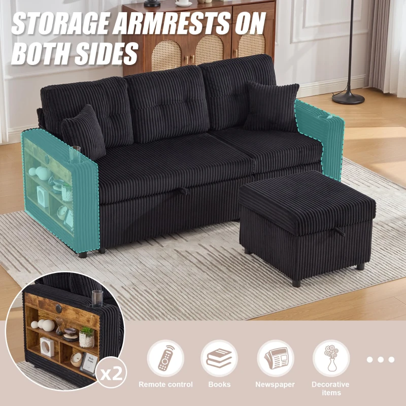 Multifunctional Corduroy Sofa Bed with Hidden Storage, LED-Lighted Guest Couch for Family Film Nights, 196L x 82W x 85H cm, Black