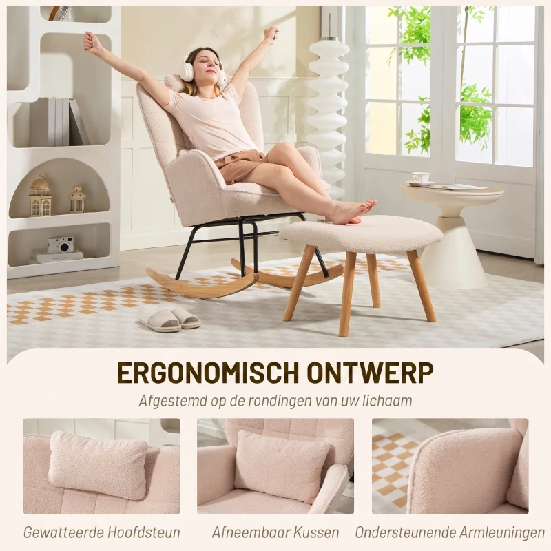 HOMCOM Schommelstoel met voetenbank, zachte fleece bekleding, houten poten, kussen, hoge rugleuning, schommelsalon, Beige(m-6)