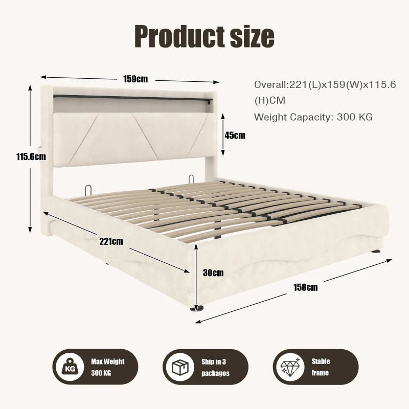 Space-Saving Upholstered Bed with Under-Bed Storage, Modern Bed Frame with Soft Velvet Fabric, 159L x 221W x 115.5H cm, Beige