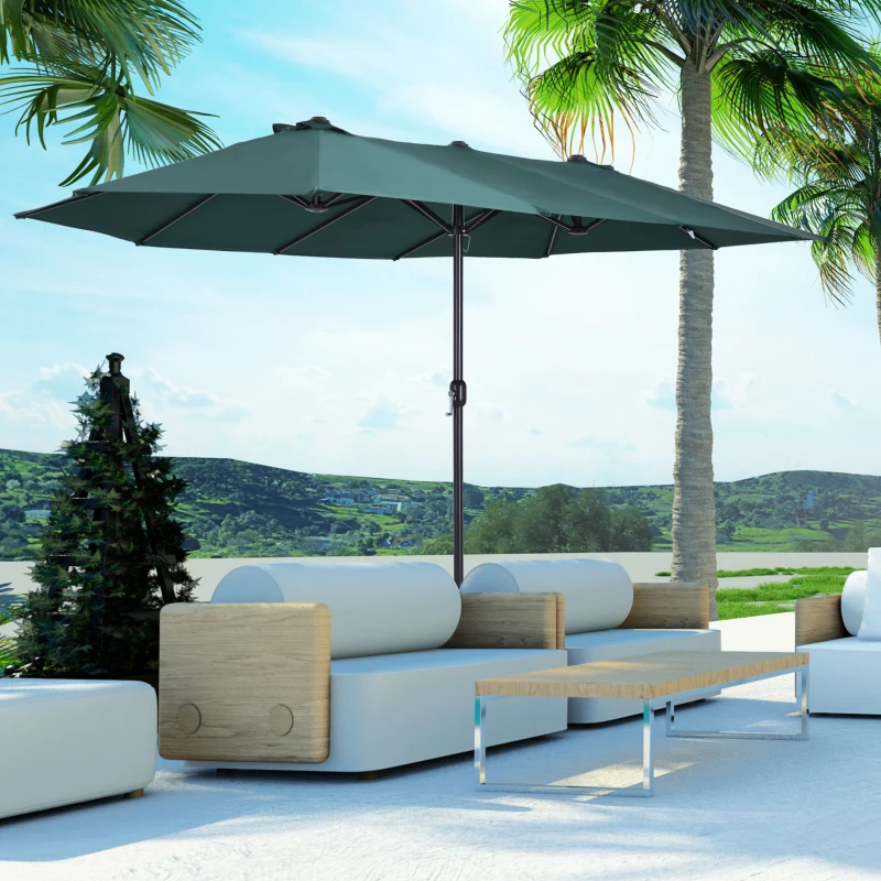 Outsunny Ombrellone da Giardino Doppio con Apertura a Manovella, in Acciaio e Poliestere, 455x265x238cm, Verde Scuro