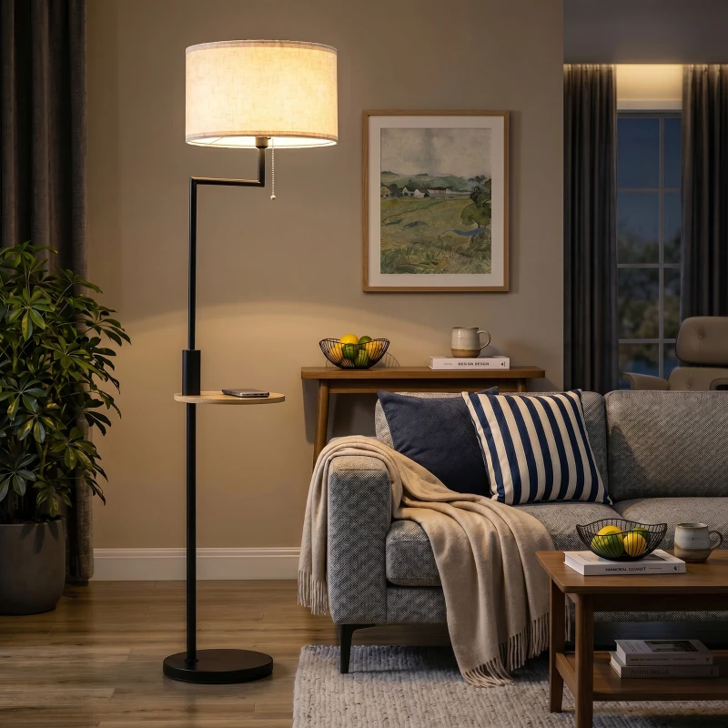 HOMCOM Lampada da Terra con Mensola Integrata in Bambù, Paralume in Tessuto Effetto Lino, Base in Acciaio, Nero e Beige