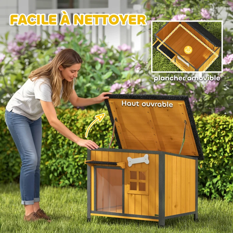 PawHut Niche pour Chien Extérieur Maison pour Chien Surélevée Anti-Morsure Toit Ouvrable Imperméable 84,5x62x65cm Jaune