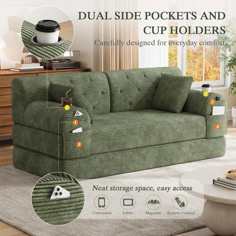 Cozy Sleeper Sofa with High-Density Foam and Soft Corduroy, Convertible Couch for Living Rooms and Small Spaces, 168L x 80W x 81H cm, Green