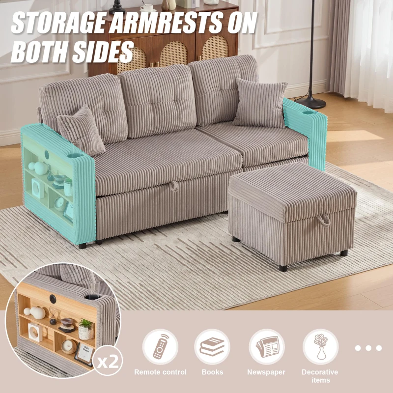 Multifunctional Corduroy Sofa Bed with Hidden Storage, LED-Lighted Guest Couch for Family Film Nights, 196L x 82W x 85H cm, Light Gray
