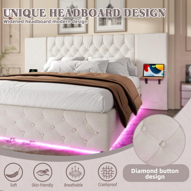 Spacious Platform Bed with Hydraulic Lift System, Modern Bed Frame with Wide Headboard and Tufting Button, 190L x 135W x 103H cm, Beige