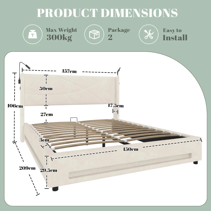 Modern Platform Bed with Hydraulic Lift System, Functional Bed Frame with Built-In Reading Lamps and USB Ports, 209L x 157W x 106H cm, Beige