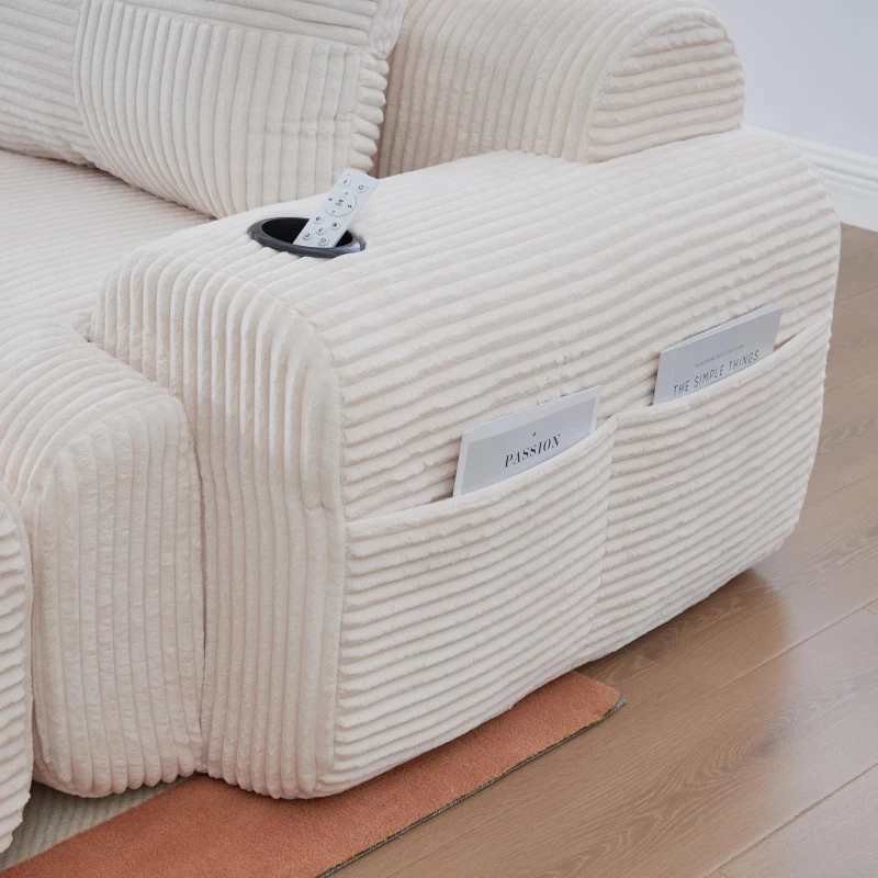 4-Seater Modular Cord Sofa with 2 Ottomans and Integrated Cup‑Holders, Corduroy Sectional Sofa for Living Rooms, 333L x 174W x 80H cm, Beige