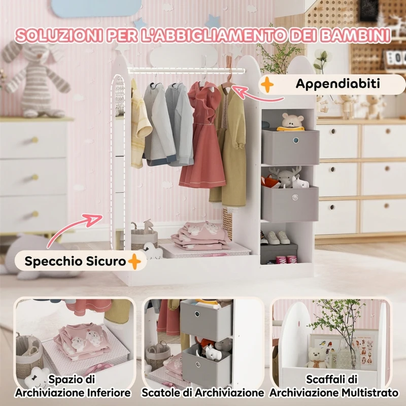 AIYAPLAY Appendiabiti per Bambini 3-8 Anni con Ripiani, 2 Scatole, Asta Appendiabiti e Specchio, Capacità 30 kg, Bianco