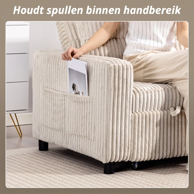 HOMCOM 2-zits slaapbank, cordbekleding, om te vormen tot slaapbed, 2 kussens, zijvakken, 157 x 190 cm, Crèmewit(m-7)