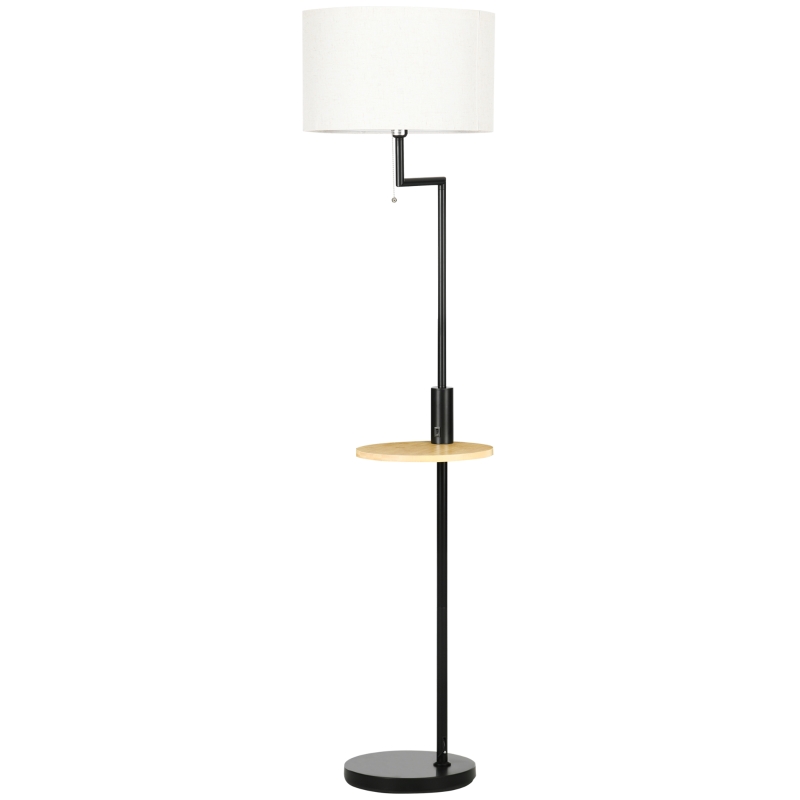 HOMCOM Lampada da Terra con Mensola Integrata in Bambù, Paralume in Tessuto Effetto Lino, Base in Acciaio, Nero e Beige