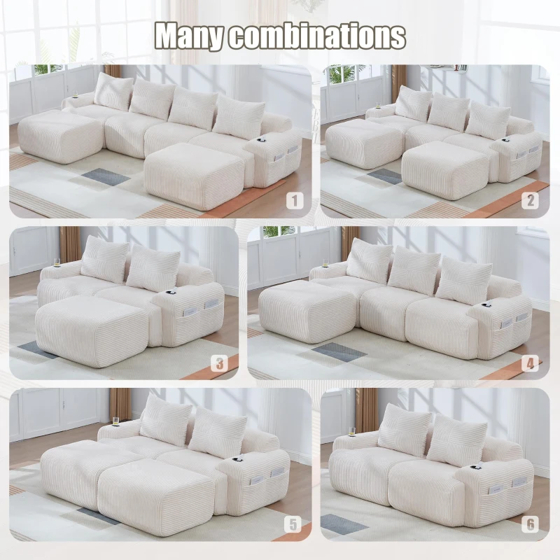 4-Seater Modular Cord Sofa with 2 Ottomans and Integrated Cup‑Holders, Corduroy Sectional Sofa for Living Rooms, 333L x 174W x 80H cm, Beige